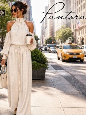 NWT,Pantora Bridal,Elegant White & Shimmering Gold,Stretch, Top + Palazzo Pants